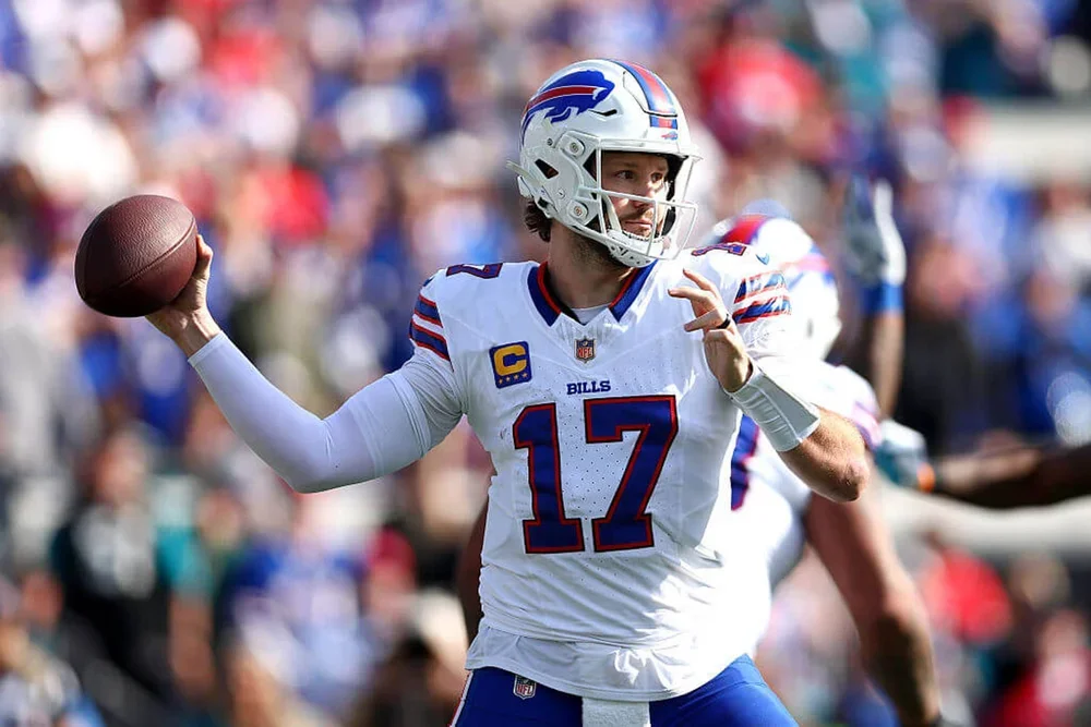 Buffalo Bills quarterback Josh Allen throws a pass during an AFC wild-card playoff game against the Jacksonville Jaguars on Jan. 11, 2026.